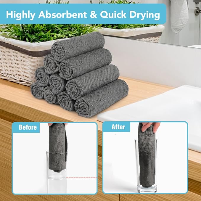 Orighty Microfiber Washcloths 20 Pack – Soft, Quick-Dry Face & Hand Towels for Travel, Gym, Spa, Hotel, 11.5"x11.5", Grey