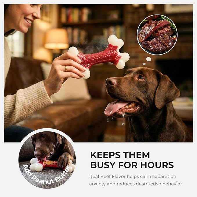 Kseroo Indestructible Dog Toys for Aggressive Chewers: Beef Flavored Hard Nylon Bone Chew Toys for Medium Large Breed Dogs (20-90 lbs), Red
