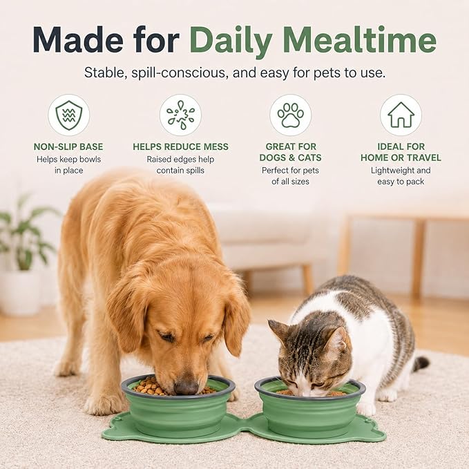 Collapsible Dog Bowls, 2-in-1 Silicone Pet Food and Water Bowl with Carabiner - Portable Double Compartment Travel Dish for Dogs, Ideal for Camping, Hiking, Car Rides, Puppy Essentials(Green)