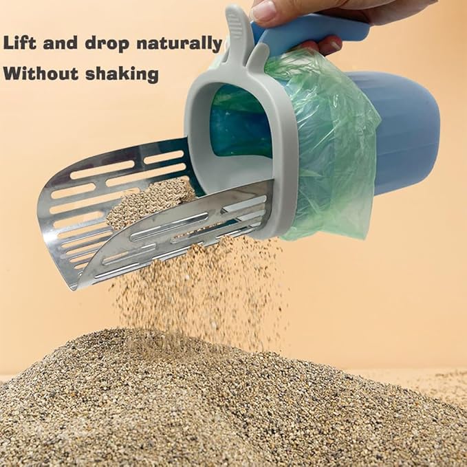 Cat Litter Scoop, Large Capacity Mess-Free Cat Litter Scooper with Bags, Spill-Proof Kitty Box Sifter, Bin Doubles as Scoop Holder (Blue)