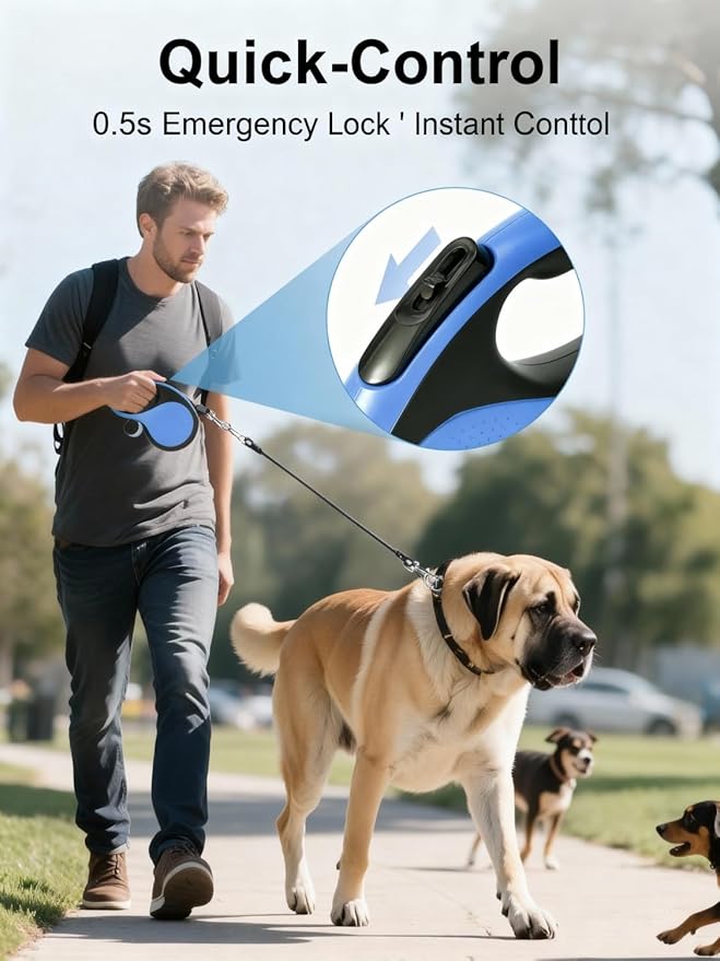 26FT Heavy Duty Retractable Dog Leash for Large Dogs Up to 110lbs,Chew Proof Nylon,360° Tangle-Free,One-Hand Brake Lock,Anti-Slip Grip,Extendable Leash with Poop Bag Holder (Blue)