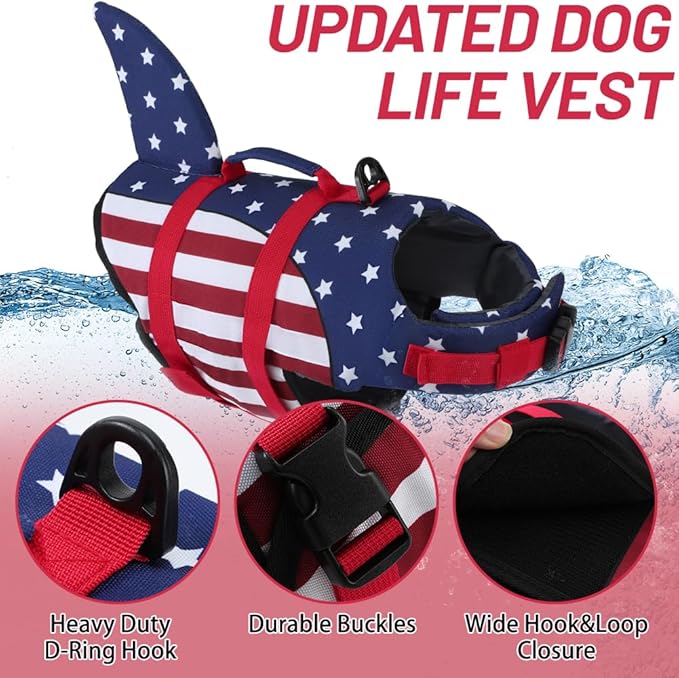 EMUST Dog Life Jacket, Ripstop Dog Lifesaver Vests with Rescue Handle for Small Medium and Large Dogs, Pet Safety Swimsuit Preserver for Swimming Pool Beach Boating (XS,FlagShark)