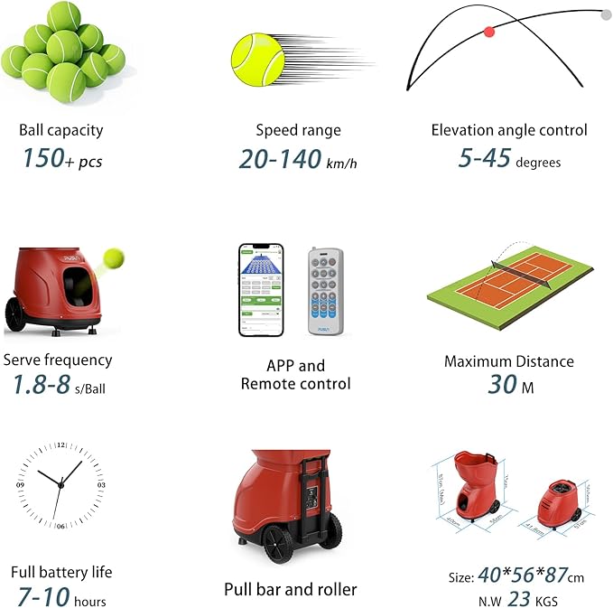 PT-9001 Programmable Variable-Speed Tennis Ball Machine | APP & for Apple Watch Control (12 Modes), MAX 140KM/H, 10Hr Battery, 6-Level Spin, 150-Ball Capacity — for Clubs & Advanced Players