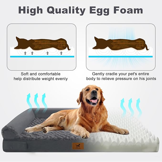 XL Orthopedic Dog Bed - Breathable Egg-Crate Foam Sofa Couch with Bolster, Water-Resistant Liner & Washable Rose Velvet - Ideal for Golden Retrievers, Labradors, Dark Gray(40'' x 28'')