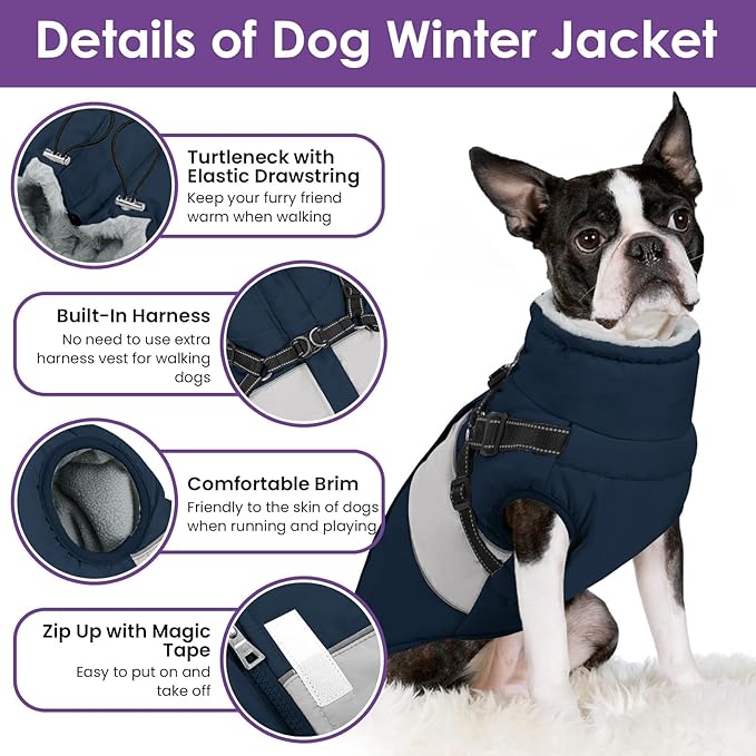 Dog Winter Coat, Waterproof Dog Coat Jacket with Harness for Medium Dogs Boys Girls, Reflective Fleece Lined Pet Snow Jacket Sweaters for Pug, Jack Russel, Boston Terrier, Navy Blue M