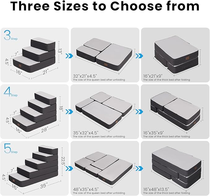 Garnpet 3-Step Adjustable Dog Stairs for Sofa and Couch, Dog Steps for Small Dogs and Cats, Foldable Pet Stairs for Low Bed Climbing, Non-Slip Pet Step Indoor, Grey