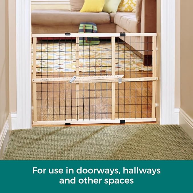 MYPET Wire Mesh Dog Gate: 26.5"-42" Wide Pressure Mounted with No Tools; Expandable, Durable Pet Gates for Doors and Hallways, 23" Tall, Made with Sustainable Hardwood