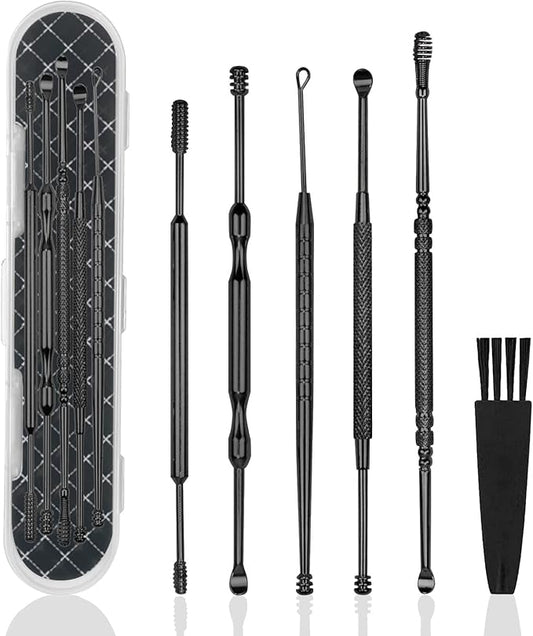 Hion 6 Pcs Ear Wax Removal Kit,Professional Double-Headed Ear Pick Earwax Removal Tools,316L Stainless Steel Ear Cleaner Curette with Cleaning Brush and Storage Box,Suit for Kid Adult(Black)