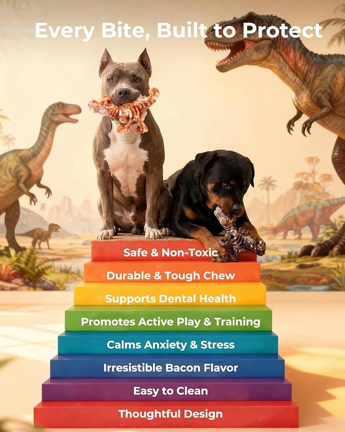 2 Pack Tough Nylon Dog Toys for Aggressive Chewers – Heavy Duty Dinosaur Chew Bones for Large Dogs (20–90 lbs), Bacon Flavor, Long-Lasting Power Chewer Toys to Keep Dogs Busy