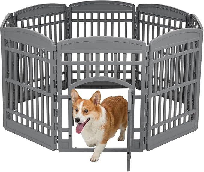 IRIS USA 34" Dog Playpen Tall Dog Playpen Indoor – 8-Panel Puppy Playpen with Door, 63 x 63 x 34, Extra Tall Dog Play Pen Indoors for Large Dogs, Plastic Pet Playpen, Indoor Dog Pen, Gray