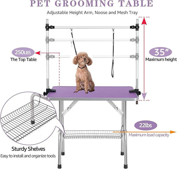 Professional Dog Pet Grooming Table Adjustable Heavy Duty Portable w/Arm & Noose & Mesh Tray (Purple, 42")