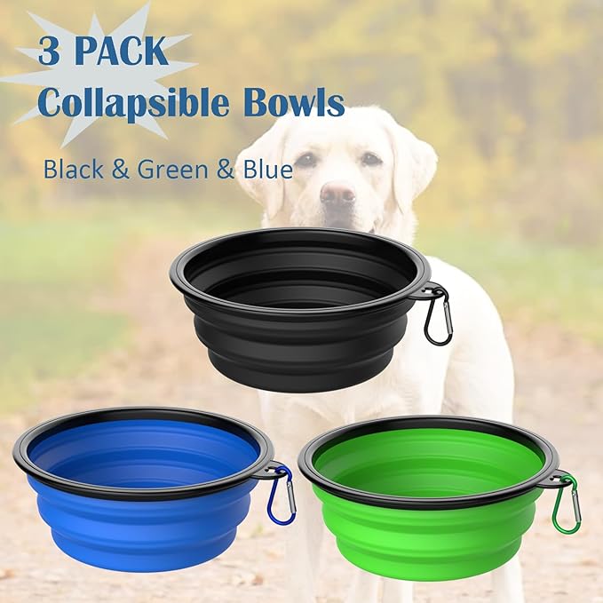 Collapsible Dog Bowls [3 Pack] 20 oz, Travel Dog Bowls, Pet Bowl Portable Foldable Water Food Feeding Dishes with Carabiner Clip for Traveling Hiking Walking-Black & Green & Blue