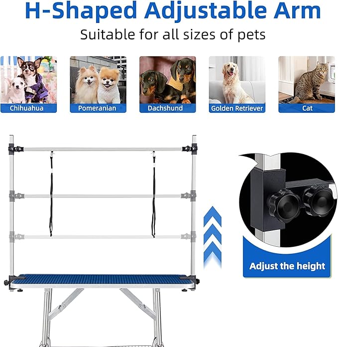 Pet Dog Grooming Table, Foldable Stainless Steel Pet Drying Grooming Table Up to 330lbs, Professional Bathing Desk for Dogs at Home with Adjustable Overhead Arms, Noose, Mesh Tray, 36''/Blue