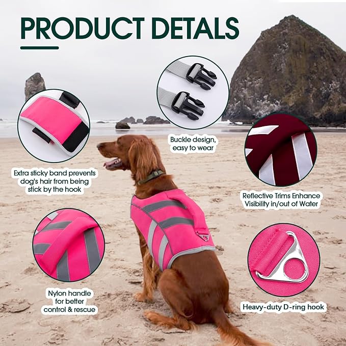 Kuoser Dog Life Jacket with Reflective Stripes, Dog Life Vest for Swimming Boating, Adjustable Pet Lifejackets with High Flotation, Doggie Swimsuit for Small Medium Large Dogs