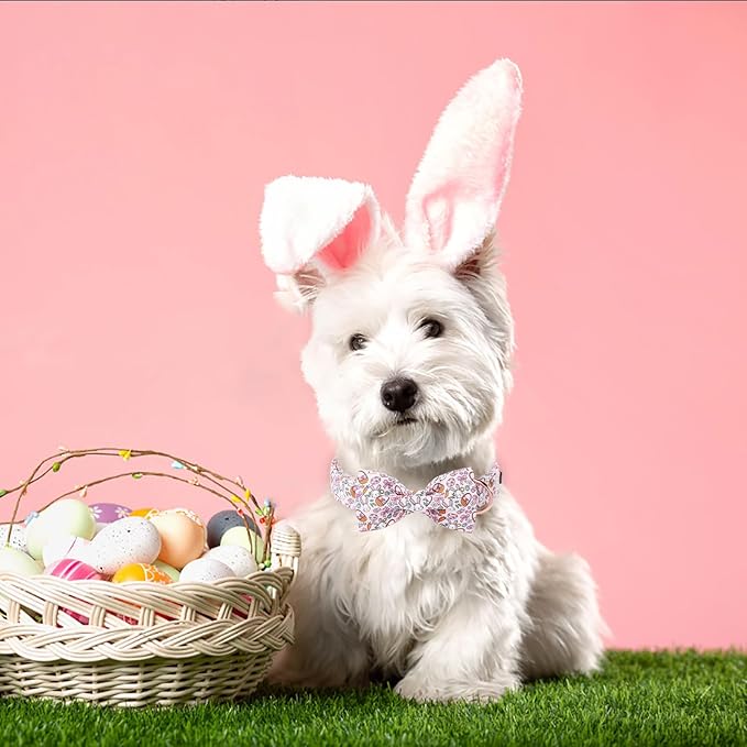 Lionet Paws Easter Dog Collar, Pink Rabbit Dog Collar for Large Dogs with Bowtie, Adjustable Cotton Eggs Bowtie Pet Collars for Large Dogs
