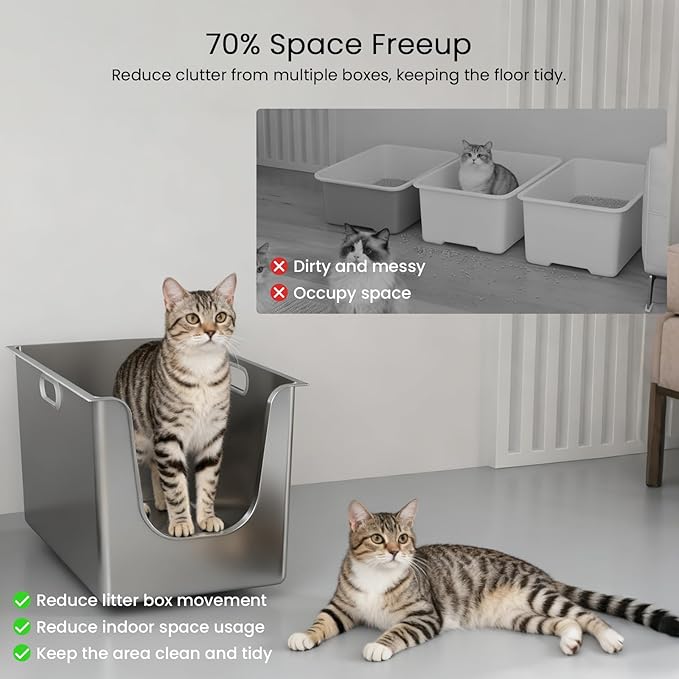 Stainless Steel Litter Box 11.8'' High Sides, XL Metal Cat Litter Box with Curved Low Entry, Cat Litter Pan for Big & Multiple Cats, Pet Toliet with Handy Wheels for Easy Moving
