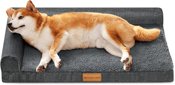 Patas Lague Orthopedic Dog Bed Medium Size Dog 30''X20'', Waterproof L Bolster Medium Pet Sofa Beds with Removable Washable Cover, Soft Comfortable Pet Couch Crate Mat with Nonskid Bottom, Dark Grey