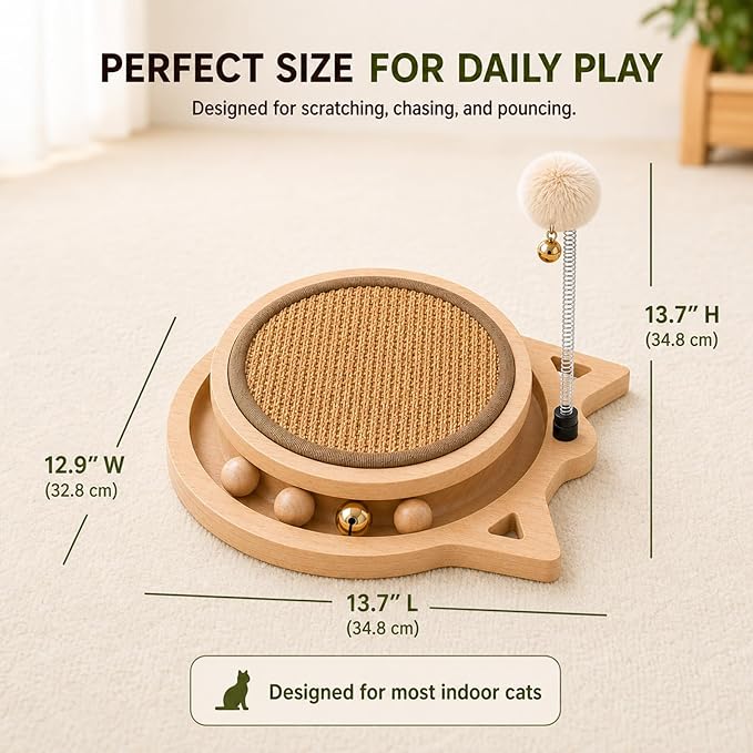 Cat Scratcher Board with Natural Sisal, Interactive Cat Track Toy with Spring Ball – Durable Kitten Scratching Pad for Indoor Cats, Kitty Wooden Cat Toy Stress Relief & Fun Exercise