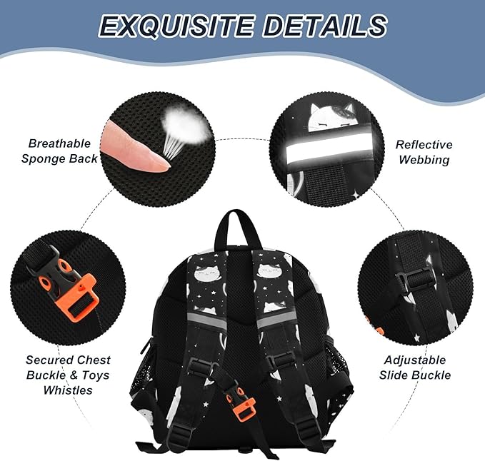 Cats Black and White Toddler Backpack with Leash, Cute Preschool Backpack Baby Harness Bookbag, 10L