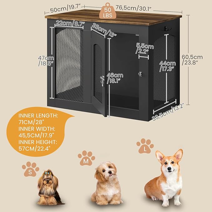 CHOEZON Wooden 30.1" Dog Crate Furniture, Farmhouse Pet Cage End Table with Secure Lock, Ventilated Mesh for Medium Dogs, Dog Kennel Furniture for Living Room, Bedroom, Black and Walnut MGW02BL
