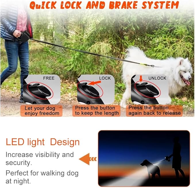 Retractable Dog Leash with LED Flashlight, 16.4 FT Dog Leashes for Small Pets, Retractable Leash with Poop Bag Holder & A Roll of Poop Bags for Small Medium Pet Up to 44 lbs