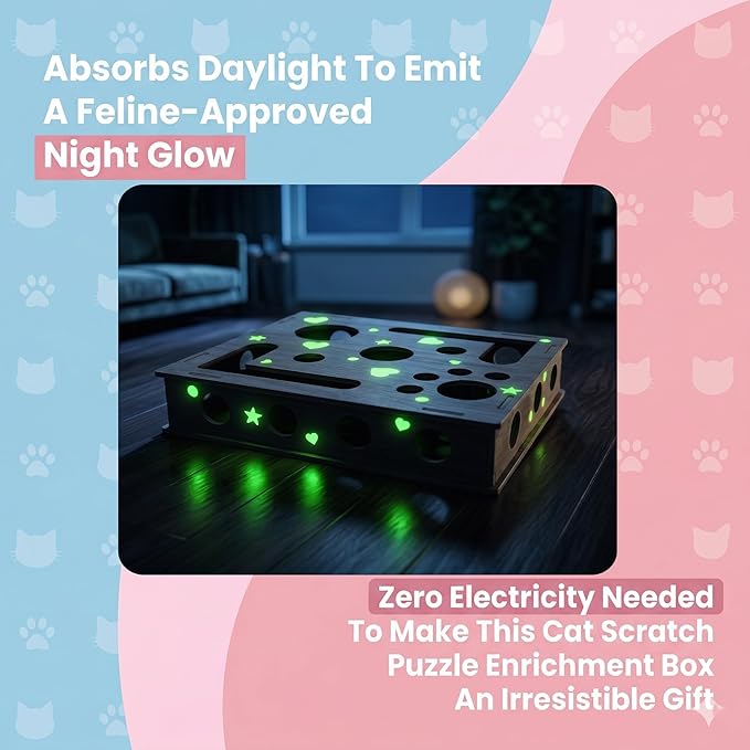 Cat Scratch Puzzle Enrichment Box: Stress-Free Alternative to Painful Trimming, Wooden Glowing Cat Nail File Scratching Box with Pre-Applied Sandpaper for Indoor Cats