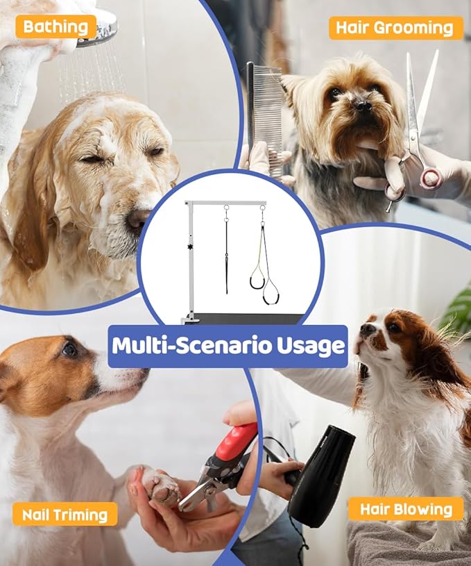Dog Grooming Arm with Clamp for Large Dog, Adjustable Height to 33in and Width to 43in, Pet Grooming Table Arm with 2 Loop Noose & 2 No Sit Haunch Holder for Home & Store (Table Not Include)