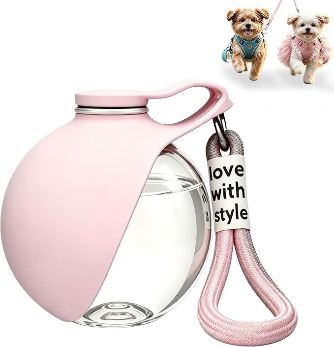 Portable Dog Water Bottle, 10 fl oz Food-Grade PET Plastic Bottle & Silicone Bowl, Leak-Proof & Compact Puppy Travel Water Bottle with Lanyard, Water Dispenser for Walking Hiking, Unprinted, Pink