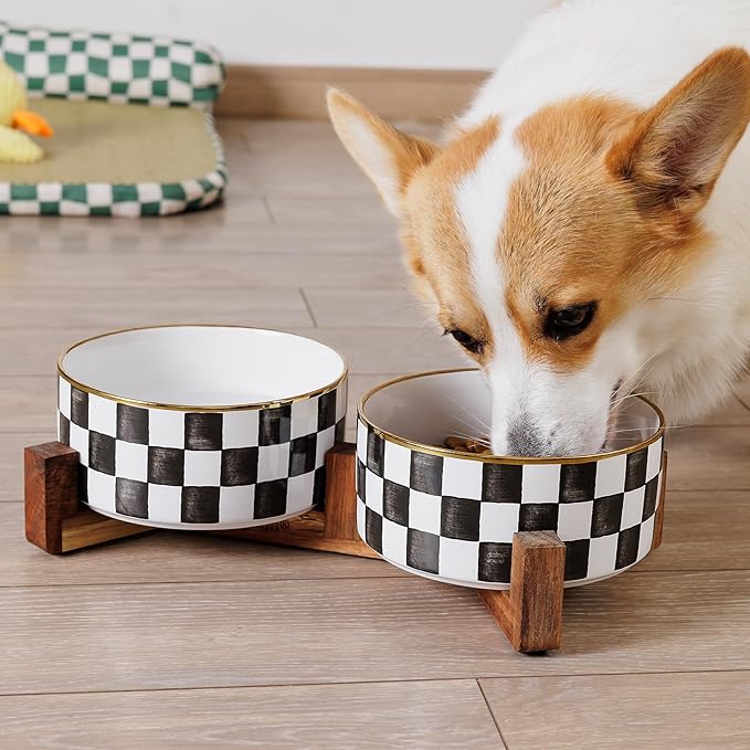Ceramic Dog Bowls for Medium Dogs, 3.5 Cups Checkered Dog Food and Water Bowl with Acacia Wood Stand, Non-Slip Anti-Tip Elevated Feeding Station, Blue and White