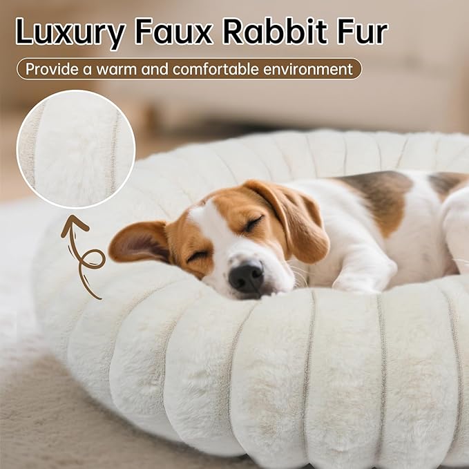 Donut Dog and Cat Bed, Luxurious Comfortable Faux Rabbit Fur Pet Beds, Round Anti-Anxiety Calming Puppy Kitten Bed with Anti-Slip Bottom for Small Medium Dogs & Cats(36", White)