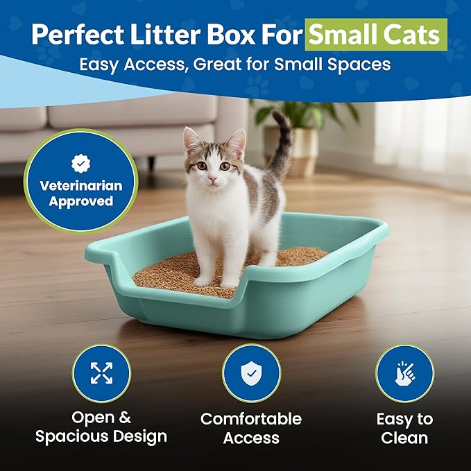 KittyGoHere Senior Cat Litter Box, Small litter pan with Long-Handle Jumbo Scoop, Open Top Low Entrance Kitty Litters Box, Lightweight Low Entry Litter Box, Durable, Made in USA (2 Pack - Apple Green)