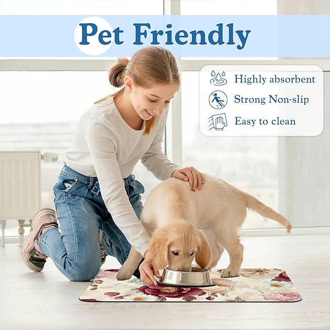 Vintage Floral Rose Pet Feeding Mat–Quick Dry Absorbent Dog Cat Food Mat, Non Slip Waterproof Bowl Placemat for Messy Eaters, Pet Accessories for Floors 16"x24"