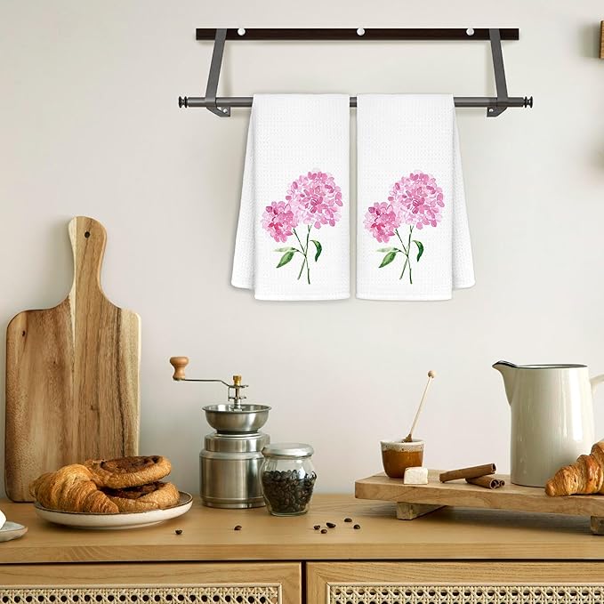 Pink Hydrangea Floral Hand Towels for Bathroom Spa Gym, Rustic Kitchen Towels Hydrangea Botanical Dish Tea Towels for Kitchen Decor, 16x24 Inch Set of 2