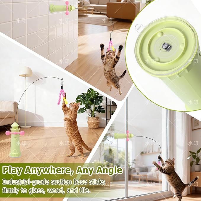 Interactive Cat Toys for Indoor Cats, Windmill Feather Cat Teaser Wand, Bouncy Kitten Toys with Strong Suction Cup Base for Bored Felines & Self-Played Enrichment Green