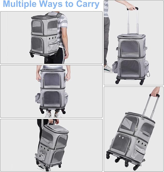 HOVONO Extra Large Double-Compartment Pet Carrier Backpack with Wheels for Small Dogs and Cats, Cat Rolling Carrier for 2 Cats, Perfect for Traveling/Taking a Walk/Trips to the Vet, Grey