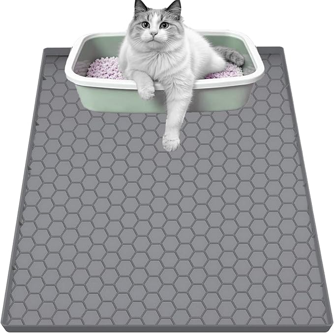 Cat Litter Mat, Silicone Large Cat Mat for Litter Box - 34x22 in, Waterproof & Non-Slip, Durable & Easy Clean, Grey