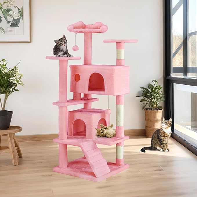 Sweetcrispy 54 Inch Cats Tree Tower, Multi-Level with Cat Scratching Post, Indoor Cat Condo with Climbing Ladder, Plush Toy, Play House for Cats, Pink