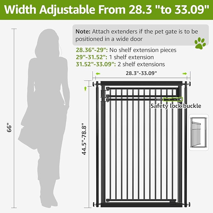 78.8" Extra Tall Pet Gate for Cat/Dog, 28.3-33" Wide Tall Cat Gate for Doorways/Hallways, NO Drilling Pressure Mounted Dog Gate for Stairs, Studio, Kitchen (Black)