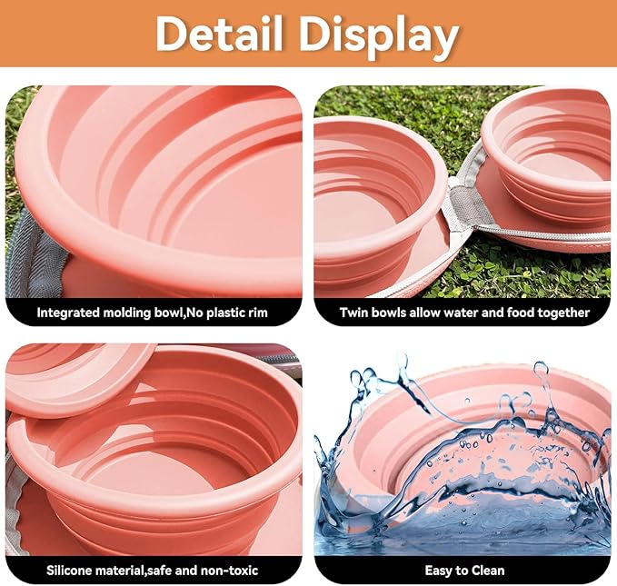 Collapsible 2-in-1 Dog Bowls: Leakproof Double Silicone Food & Water Bowl for Travel, Camping, Hiking - Portable Cat & Dog Feeding Supplies (Pink)