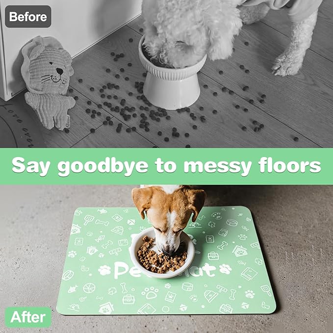 Pet Feeding Mat,Dog Cat Mat for Food and Water,Dog Bowl Waterproof Placemat with Rubber Backing,Absorbent Quick Dry Water Dispenser Mat for Pet（Green 12"×18"）