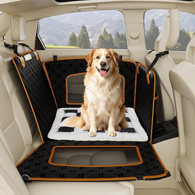 2-in-1 Dog Car Seat for Large Dogs Set with Dog Mat,Dogs Cars Carrier Anti Slip and Waterproof,Pet Car Seat Extender with Hard Bottom&Personalized Signature for Cars/SUV/Trucks(Black&White Mat)