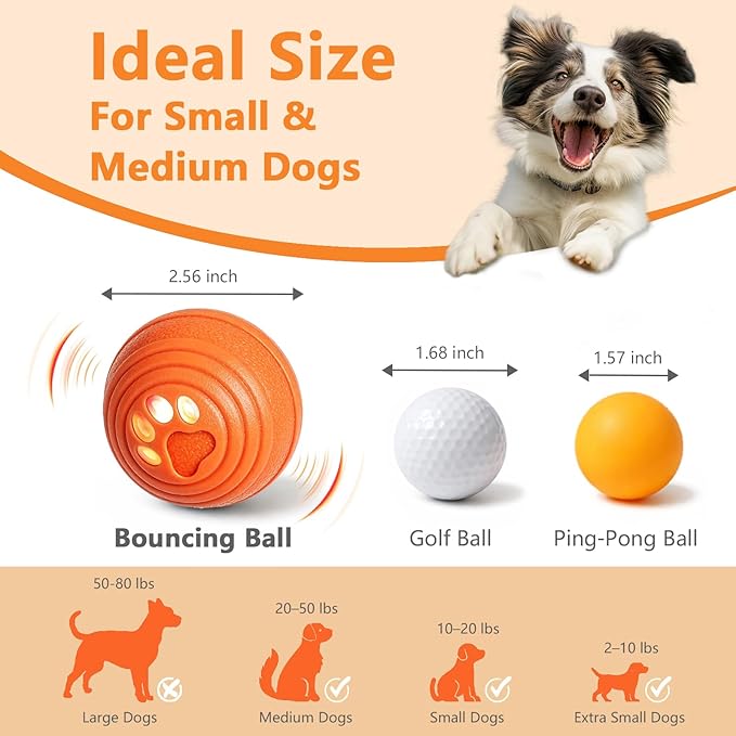 Interactive Dog Ball, Automatic Dog Toy, Vibrating Dog Ball with 4 Play Modes, Moving & Bouncing Ball for Dogs, Smart Self Rolling Dog Toy for Small Medium Dogs, USB-C Rechargeable, Orange