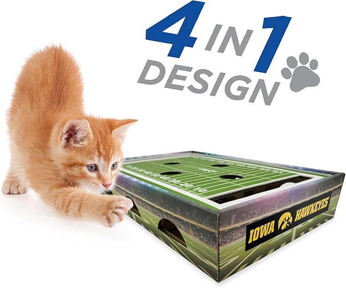 Pets First NCAA Iowa Hawkeyes Cat Scratcher Box, Game Day Cat Toy, NCAA Football Field Designed Cat Scratcher and Lounge, Stimulating Cat Game,IA-5028