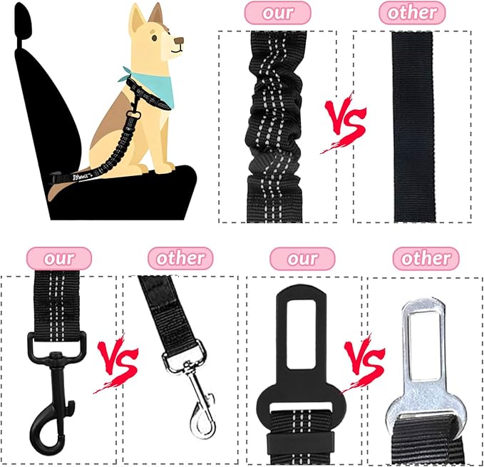 IBWell Dog Seat Belt,3 Piece Set Retractable Dog Car Harness Adjustable Dog Seat Belt for Vehicle Nylon Pet Safety Seat Belts Heavy Duty & Elastic (Black & Pink)