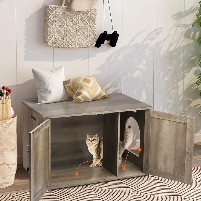 Timberer Cat Litter Box Enclosure, Litter Box Furniture Hidden with Removable Divider, Wooden Cat Washroom Furniture, Greige