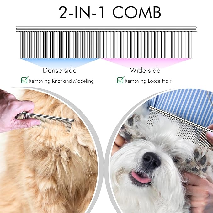 Pet Grooming Brush and Metal Comb Combo, Pet Grooming Rake and Brushes for Small, Medium & Large Dogs Double Sided Deshedding Tool Removes Knots and Tangled Hair (Blue)