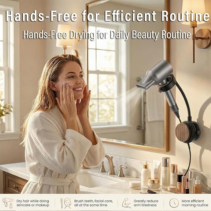CTESNE【360° Rotating&No Drill Installation】Hands Free Hair Dryer Holder Wall Mount,Adjustable Height Suction Cup Blow Dryer Holder, Damage-Free Wall, with Cord Storage for Most Hair Dryers