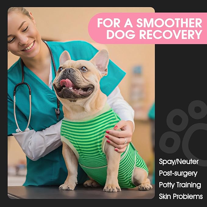 FUAMEY Dog Recovery Suit Male,Dogs Surgery Neuter Suits Puppy Spay Shirts for Female Incision Protection Anti Licking Wounds Doggie Onesie Pet Bodysuit Surgical Recovery Suit Green Stripes XL