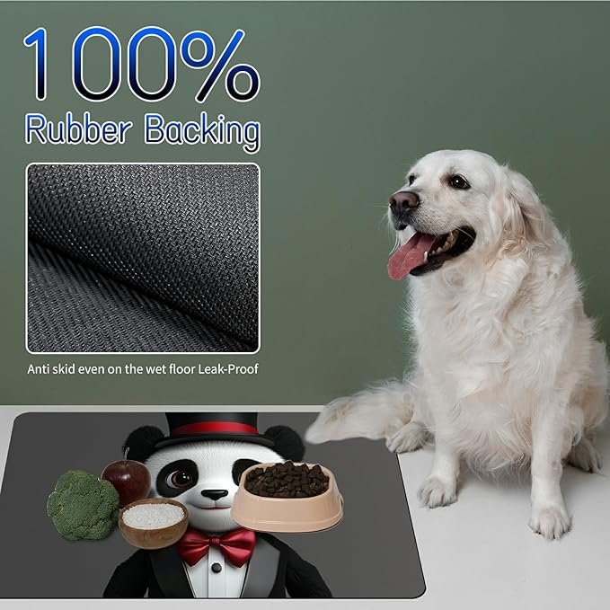 Dog Food Mat, 15.7" x 23.6" Absorbent Pet Feeding Mat for Food and Water, Waterproof Diatom Mud Pet Placemat with Non-Slip Rubber Backing, Easy Clean Cat Bowl Mat for Floors - Gray Panda