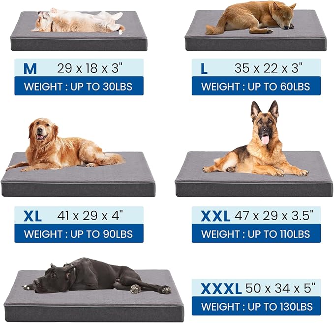Orthopedic Memory Foam Dog Bed for Large Dogs, Cooling Gel Dog Crate Mat with Removable Washable Cover & Non-Slip Bottom, Ideal for Arthritic Dogs Up to 110Lb (Grey, XX-Large: 50" x 34" x 5")